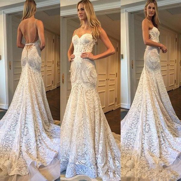 

2021 gorgeous summer boho mermaid lace wedding dresses bohemian sweetheart backless lace appliques custom made berta bridal gowns, White