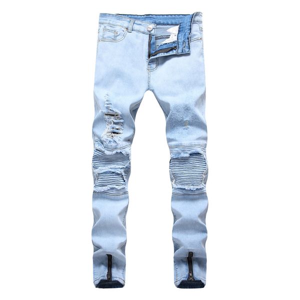 

2020 men's autumn new youth motorcycle knee pleated hole side zipper elastic feet jeans, Blue