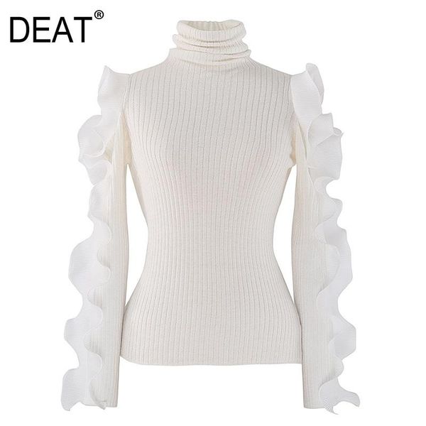

women's sweaters [deat] 2021 spring autumn fashion tide turtleneck ruffles long sleeve solid color knitting pullover sweater women 13a4, White;black