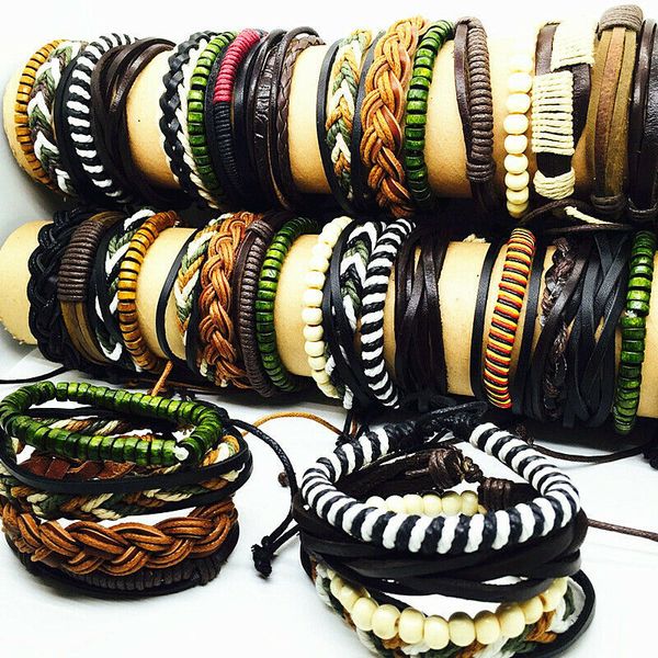 

bracelets 12 set 4 in 1 wooden leather bead handmade surfer cuff jewelry for men, Black