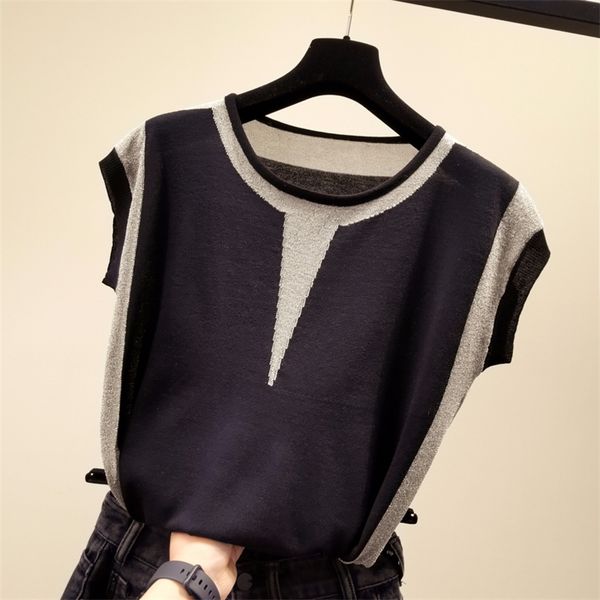 

korean patchwork ice silk knitted sweater women o-neck short sleeve pullover fashion loose sweaters summer new arrival 201223, White;black