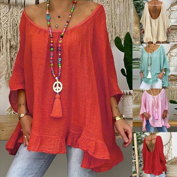 

плюс размер моды хлопчатобумажная белье блузка рубашка сплошной свободного o шеи топы повседневные летние дамы женские женщины 3 4 рукав blu, White