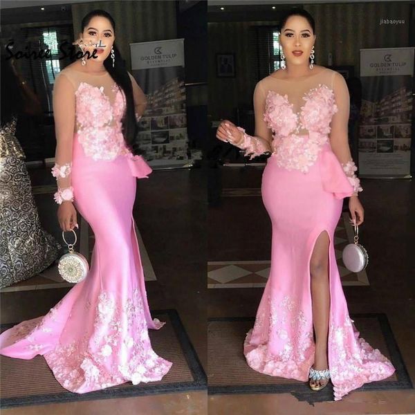 

beautiful pink plus size prom dresses with 3d floral 2020 satin formal evening gown slit african mermaid party dress long sleeve1, White;black