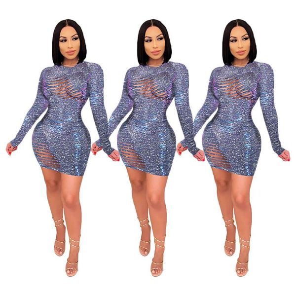 

women hollow out mini dress shiny sequin long sleeve crew neck dresses bodycon party bag hip slim fit dress for women, Black;gray