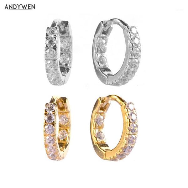 

andywen 925 sterling silver piercing huggies piercing hoops zircon cz crystal women circle round earring jewelry 2020 fashion1, Golden;silver