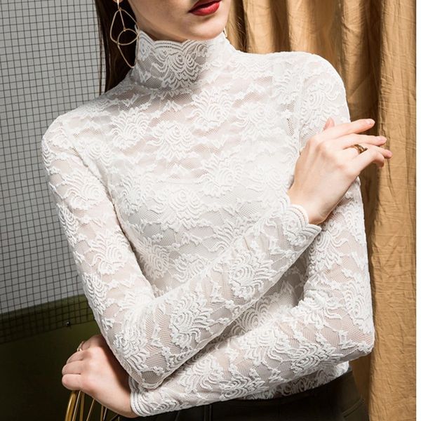 

female 2021 lace new blouse sleeves long turtlenecks out winter clothing bottom shirt 50xk, White