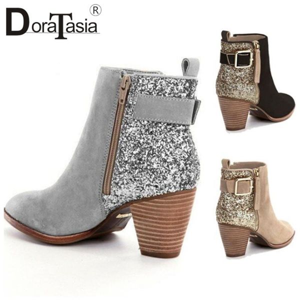 

doratasia fashion patchwork glitters boots autumn concise office boots women high chunky heels ankle shoes woman, Black