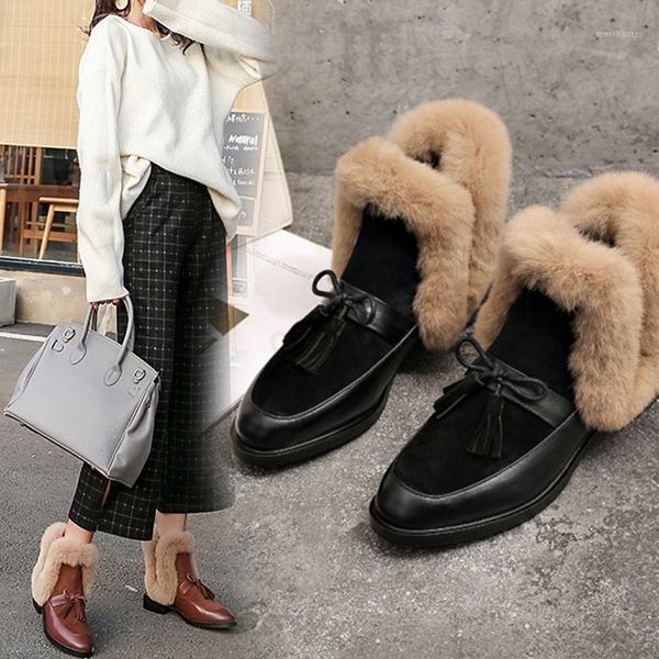 

2021 winter women's ankle boots round toe low heel short plush warm women boots bowknot genuine leather women's shoes1, Black