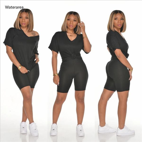 

summer sporty women set solid color v neck tee amp; knee length pants suit beach tracksuit two piece set female outfit, Gray