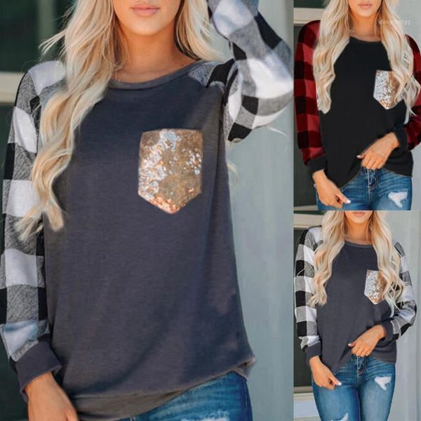 

women's blouse chemisier femme women o-neck plaid print sequins splicing pockets long sleeves blouse easy %411, White