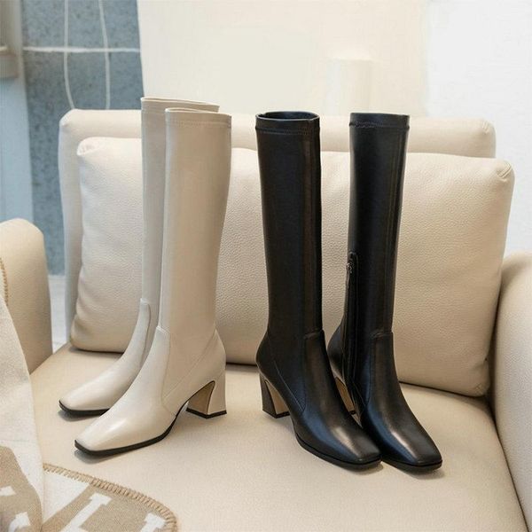 

boots zawsthia microfiber soft pu stretch womens knee high riding booties block heels woman winter shoes big size 431, Black