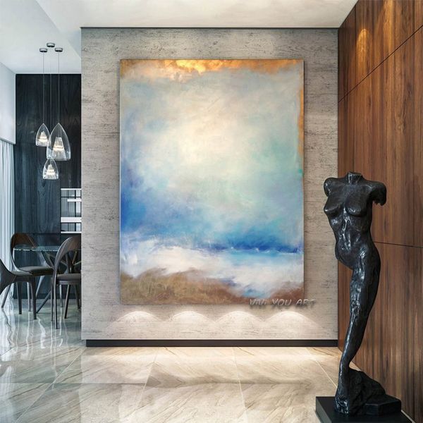 100 % handgemachte abstrakte blaue Himmel Luxus goldene Mode Ölgemälde für Wohnzimmer moderne Malerei Wand Dekor Bild Kunst Geschenk LJ201128
