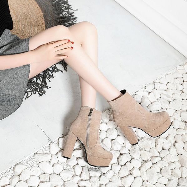 

boots ymechic more color leather suede platform block high heels winter autumn women shoes ankle plus size lady ridding boot, Black