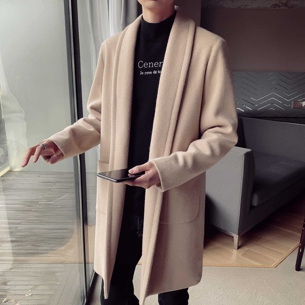 

2020 new windbreaker korean mid long woolen men's casual button less coat, Tan;black