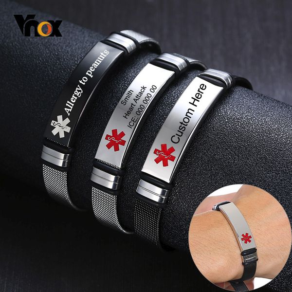 

vnox personalize medical alert id bracelets for men women adjustable watch design mesh band emergency reminder type 1 diabetesq1228, Silver