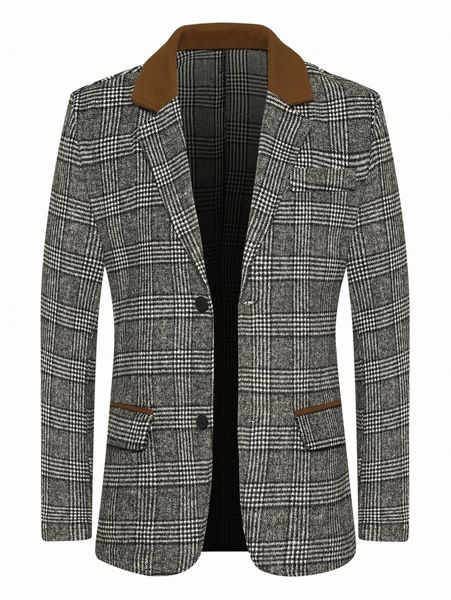 

men glen plaid print contrast collar overcoat z567#, Black;brown