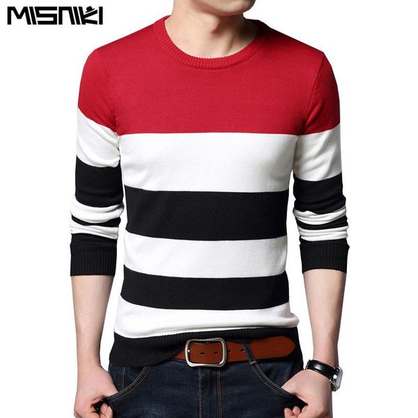 

misniki 2021 autumn casual men's sweater o neck striped slim fit knittwear mens sweaters pullovers men pull homme s-3xl jp52, White;black