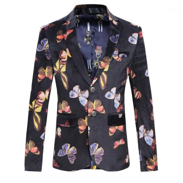 

wholesale- mens velvet jacket blazers long sleeve butterfly flower printed floral coat male wedding formal dress jackets blazer size1, White;black