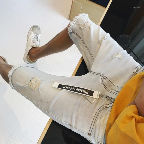 

men's jeans fashion mens ripped short casual summer cotton knee length stretch denim destroy shorts jean1, Blue