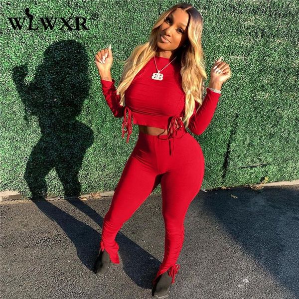 

women's tracksuits wlwxr lace up long sleeve crop women matching set high waist stacked pants 2 two piece stes for outfites fall 2021, Gray