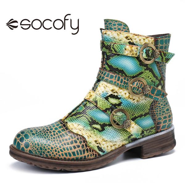 

socofy womens cowhide snakeskin pattern boots buckle ankle boots zipper low heel shoes casual outdoor shoe botas mujer 2020, Black