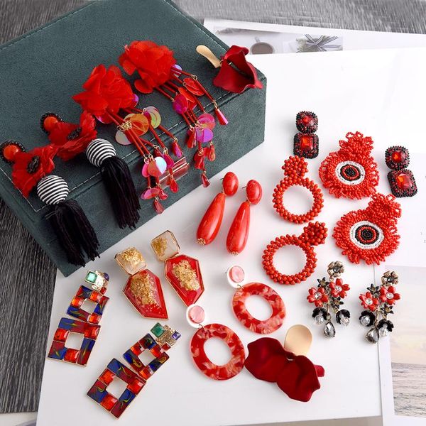 

ztech red resin/crystal drop earrings for women handmade fringed tassel dangle statement wedding earrings party christmas gift, Silver