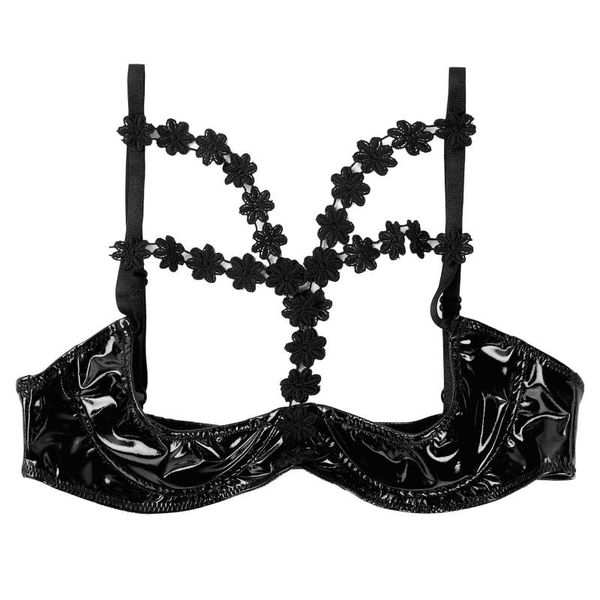 

bras womens sissy bra under-wired flower trimming patent leather exotic vest tank open nipples spaghetti strap lingerie, Red;black