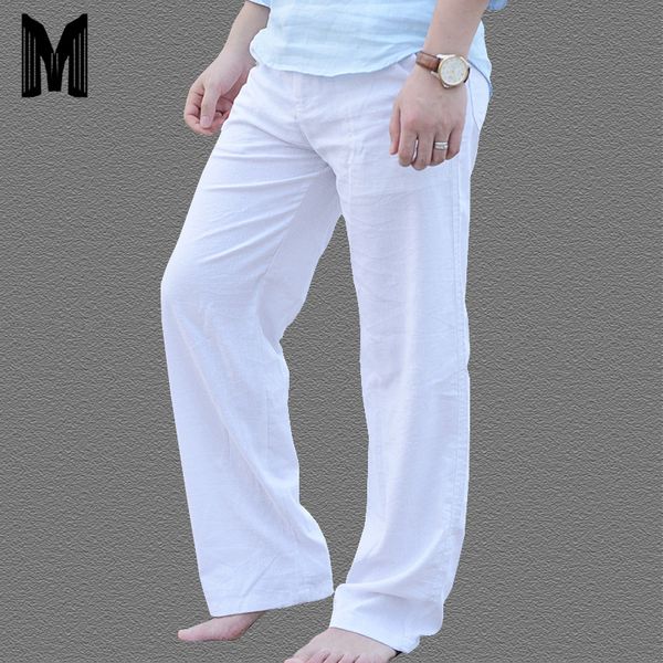 

men's summer casual pants natural cotton linen trousers man white lightweight elastic waist straight loose pants y1693 201128, Black