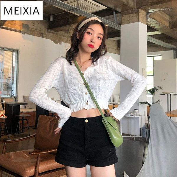 

2020 women's v-neck short knit cardigan autumn new students wild wear chic short long-sleeved white black1