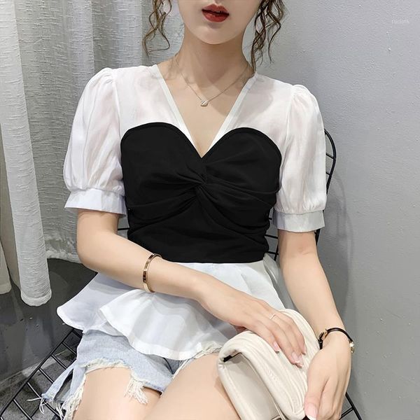 

patchwork blouse women french fake two-piece puff sleeve office lady japan style summer elegant koren blouse women 20201, White