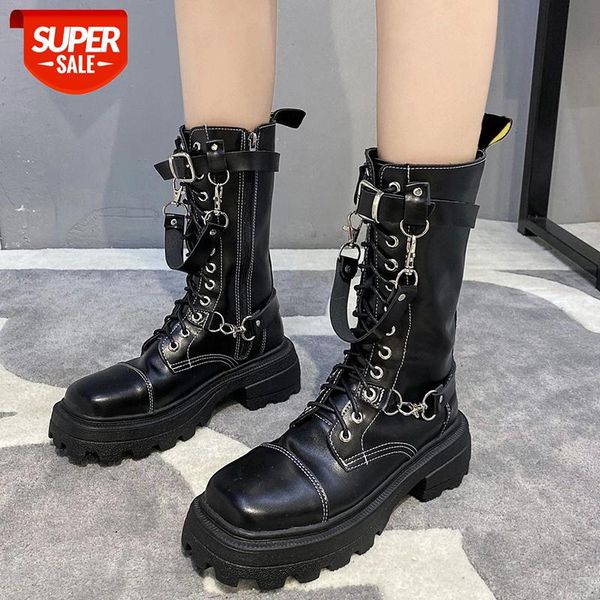 

lucyever fashion chain strap chunky boots women 2020 new punk style lace up motorcycle boots woman black big toe platform botas #ch34