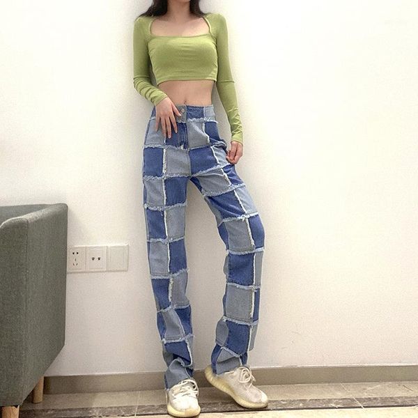 

casulal women streetwear denim jeans pants color patchwork long cargo pants boyfriend jeans for women1, Blue