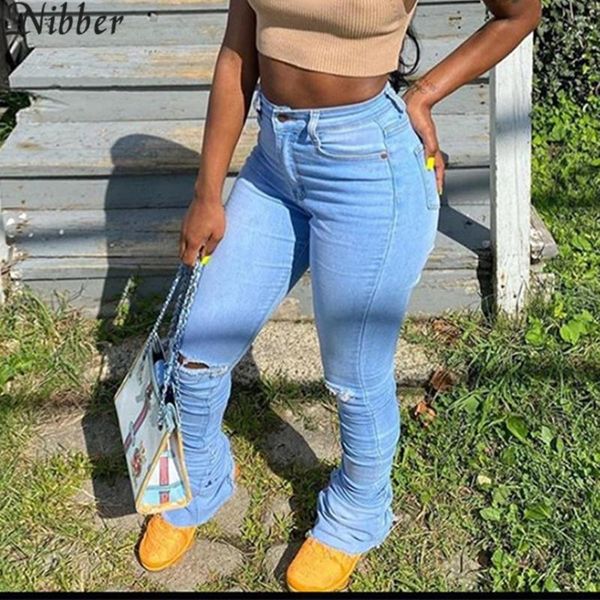 

nibber женщины стильные разорванные джинсы повседневная высокая талия базовые джинсовые голубые брюки весна осеннее карандаш брюки женские б, Black;white