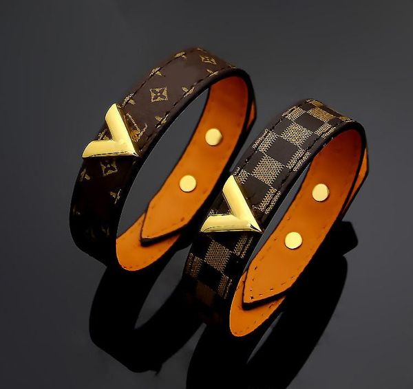 

brand design gold v shape bracelets fashion men women flower pattern bracelet titanium steel genuine leather bracelet party gift, Golden;silver