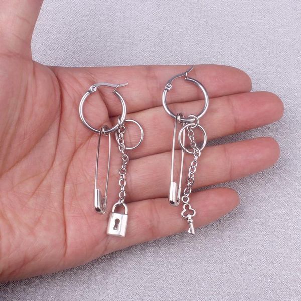 

stainless steel hoop punk pin key lock charm hoop earring for women new cool chic earings brincos jewelry accessories di117, Golden;silver