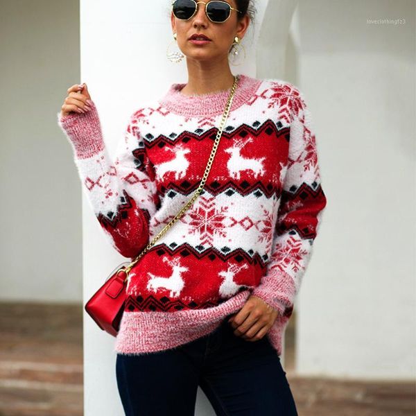 

women's sweaters fashion snowflake fawn knitted sweater women winter casual o neck pullover long sleeve jumper soft warm female christm, White;black