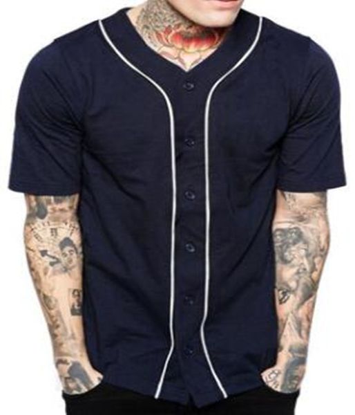 Günstiges Herren-Baseball-Trikot-T-Shirt, kurzärmelig, Straße, Hip-Hop-Baseball-Top, Hemden, Knopfleiste, Marineblau, solides Sport-Shirt