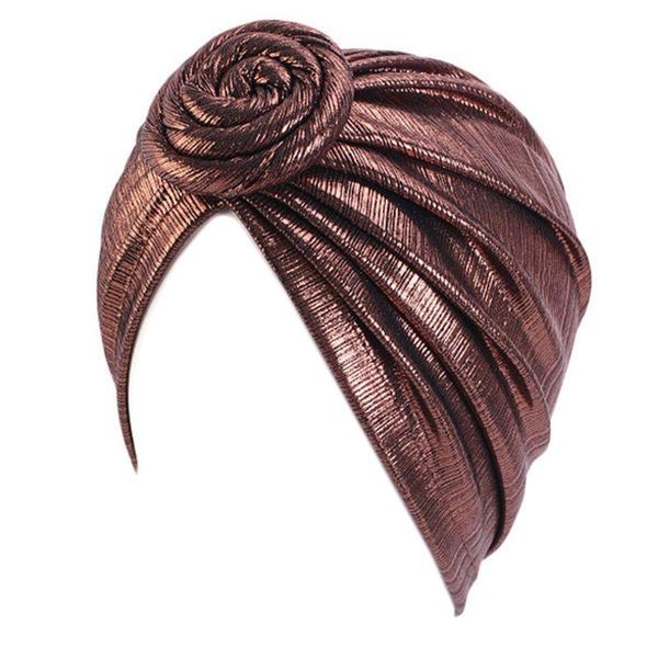 

women muslim spiral knot flower turban cap shiny metallic pleated pre-tied bonnet headwrap chemo hat stretchy hair cover, Blue;gray