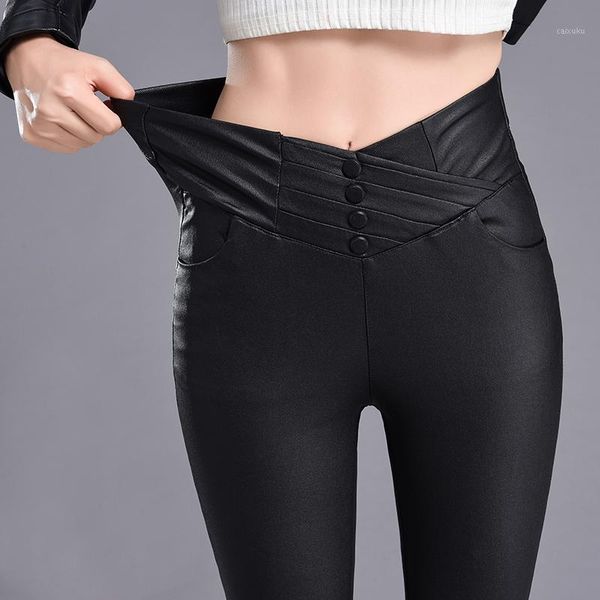 

autumn winter women leather pants high waist elastic shiny trousers slim female pencil leather pants women pantalon femme 182j1, Black;white
