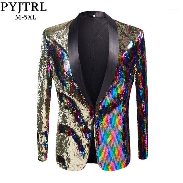 

pyjtrl new mens stylish gold colorized double-color sequins blazer nightclub bar stage singer costume wedding groom suit jacket1, White;black
