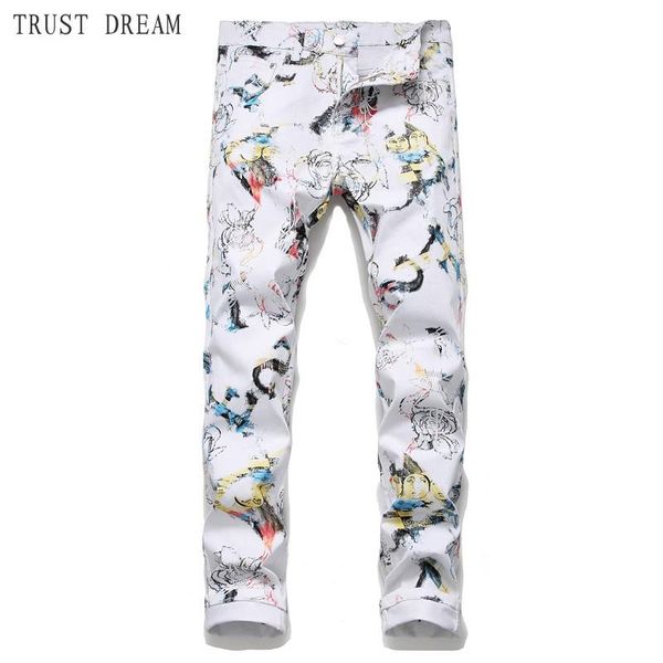 

2020 europeans style man white jeans slim floral men printed 3d pants homme hombre personal amazing male casual cool jean, Blue