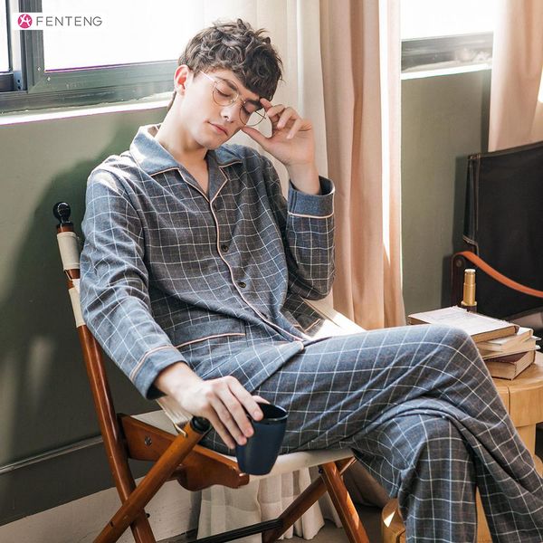 

fenteng autumn pajamas for men causal lapel full sleeve loose plaid printed pajamas pajamas men set m98012000 q1216, Black;white
