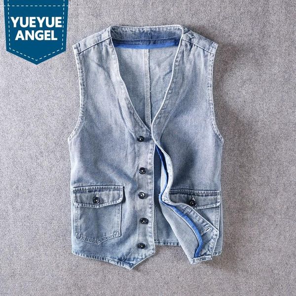 

men denim waistcoat street v-neck cargo sleeveless jacket spring summer washed blue slim fit cropped cowboy vest male, Black;white
