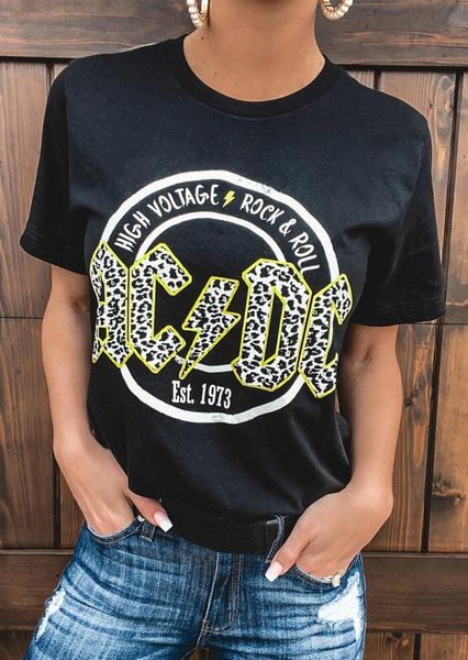 

ac dc leopard printed rock & roll t-shirt tee black women clothing short sleeve tees female casual print o-neck lady, White