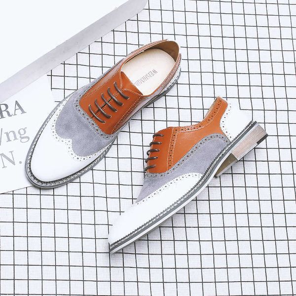 

classic luxury full brogue men casual dress shoes white patchwork contrast color oxford genuine leather formal party gentleman british desig, Black