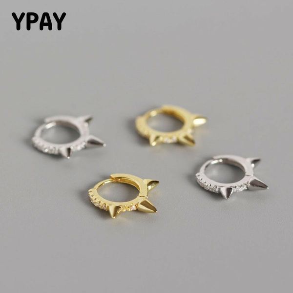 

ypay pure 100% 925 sterling silver small rivet hoop earrings punk cool zircon spike earring for women fine party jewelry yme510, Golden;silver