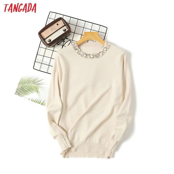 

tangada autumn winter women beaded neck sweater casaco feminino elegant lady sweater jumper casual warm pull femme aqx11 y200116, White;black