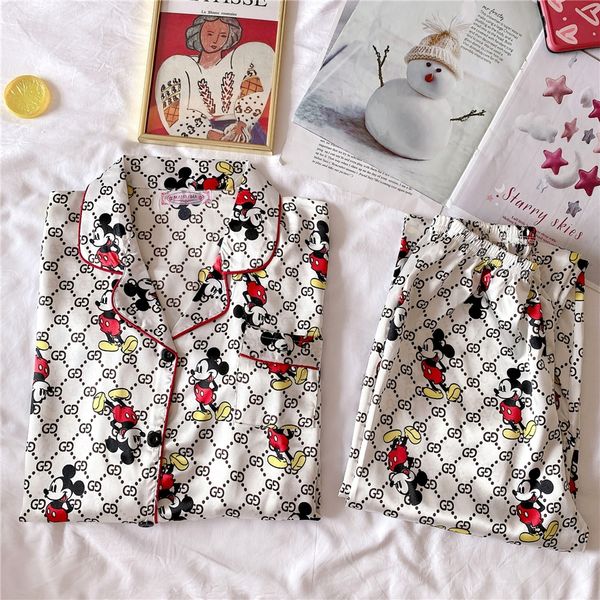 

couple pajamas flower printed sleepwear spring thin section silk home service suit womens and man pajamas two-piece flower printed s #qa4265, Black;red