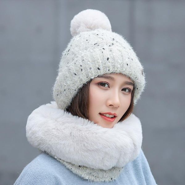 

beanie/skull caps 2021 year balaclava winter women's hats sweet lovely snowflake dots knitted hat scarf set thick warm skullies beanies, Blue;gray
