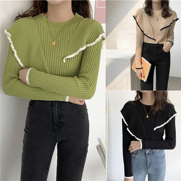 

basic bottoming knit sweater 2021 new korean style flounced stitching pullover sweaters slim warm thick knitted, White;black
